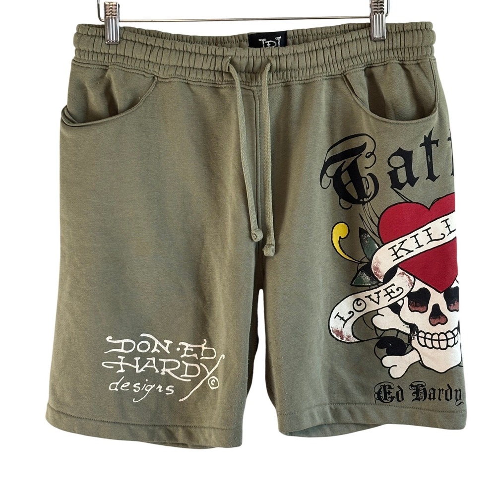 Ed Hardy Sweat Shorts Olive Green Mens Medium Tattoo Skull Graphic EHM8100-11